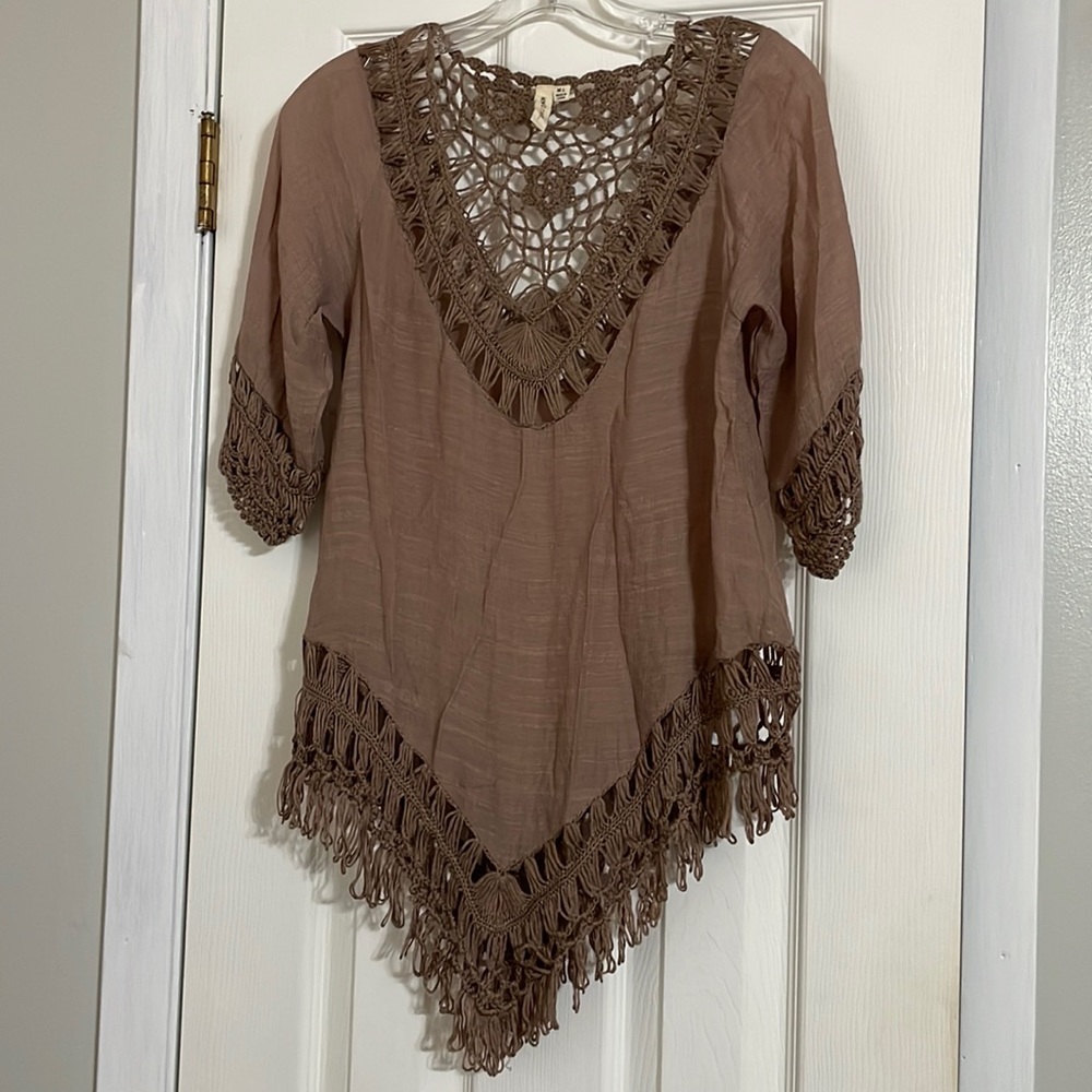Women’s V Neck Brown Blouse with Fringe - Size M/L